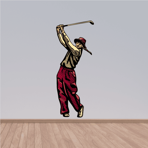 Golf wall decal sticker of illustrated golfer swinging a club in yellow and red