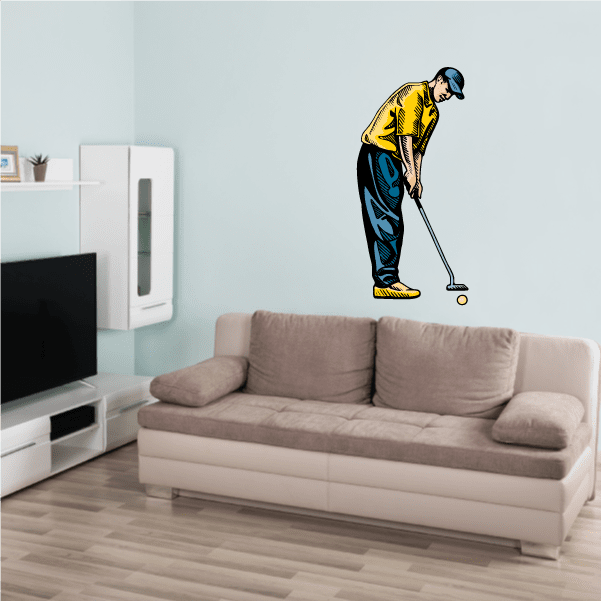Golfer wall decal vinyl sticker of a cartoon golfer holding a golf club and ball