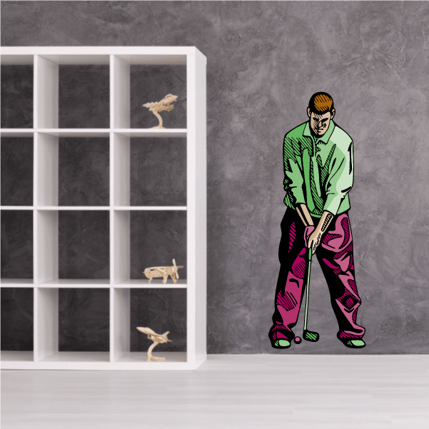 Cartoon golfer wall decal sticker, green shirt and purple pants