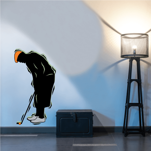 Black golfer wall decal with green outline and orange golf ball detail