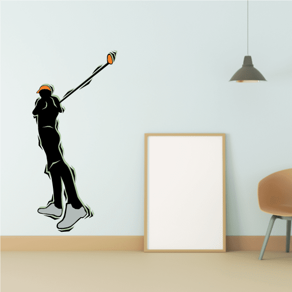 Black golfer wall decal with golf club and ball, die-cut vinyl sticker silhouette