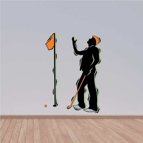 Golfer wall decal sticker with golf club and raised flag number one, dark silhouette