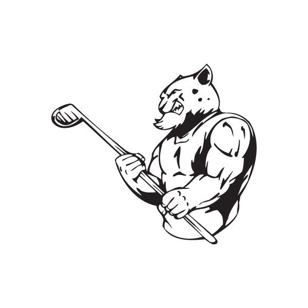 Golfing cat wall decal, black-and-white cartoon cat holding a golf club