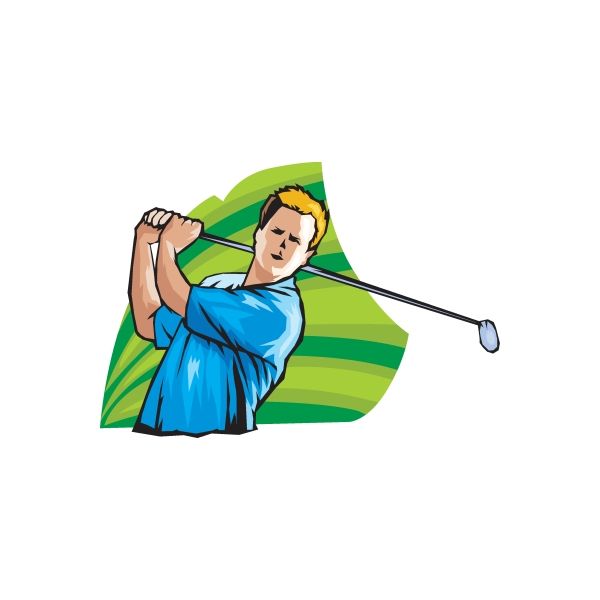 Golfing vinyl wall decal of golfer swinging a club, blue outfit and green striped background