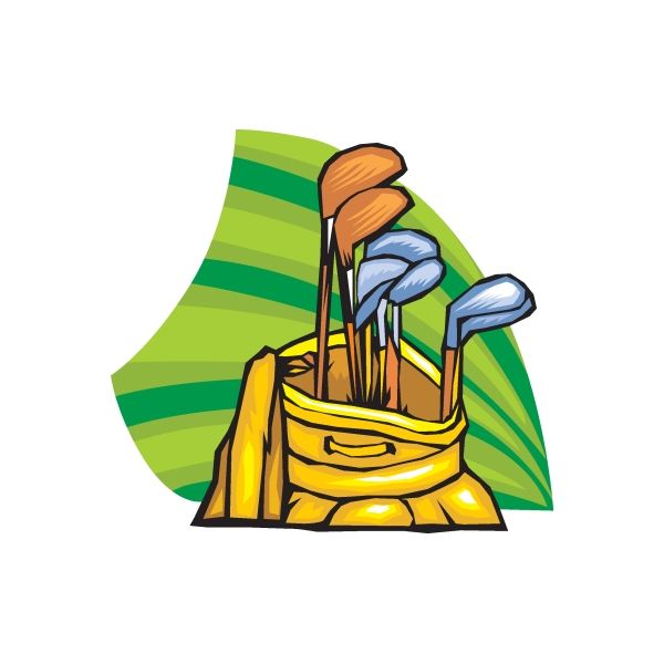 Golfing wall decal sticker: cartoon golfer holding clubs, green striped backdrop, die-cut vinyl