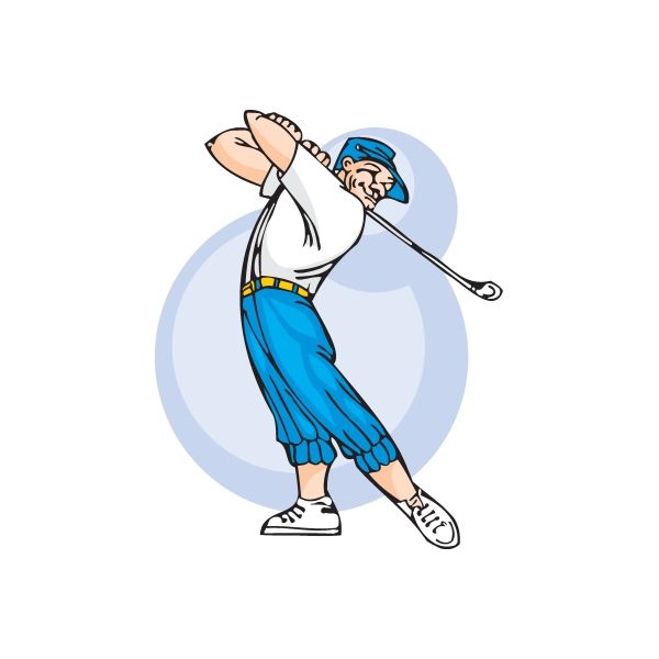 Golfing vinyl decal sticker, cartoon golfer in white shirt and blue pants with golf club