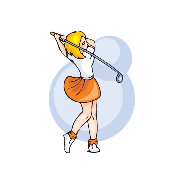 Golfing wall decal sticker of a cartoon golfer holding a club, yellow hair and orange skirt