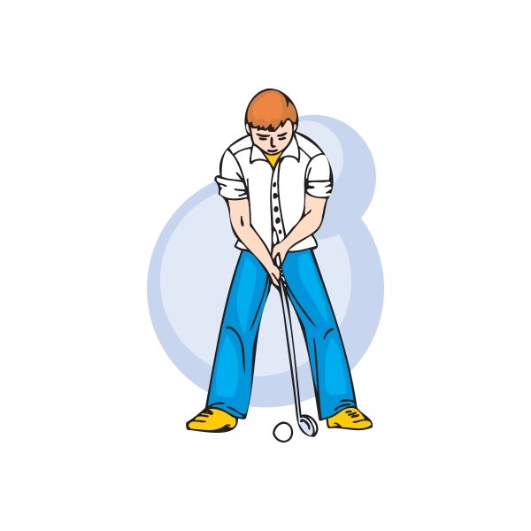 Golfing wall decal sticker of cartoon golfer leaning, holding golf clubs, blue pants.