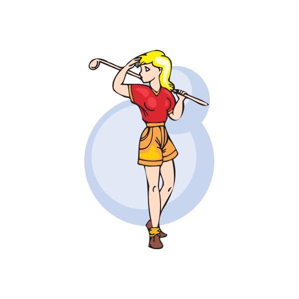 Golf decal sticker of cartoon woman golfer with blonde hair, red top, yellow skirt, holding club