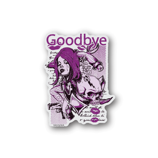 Die-cut vinyl sticker with purple Goodbye text and skull illustration