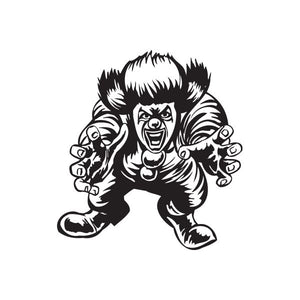 Black-and-white clown decal of a grinning jester holding out both hands