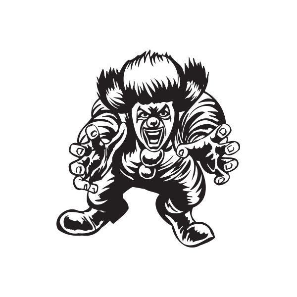 Black-and-white clown decal of a grinning jester holding out both hands