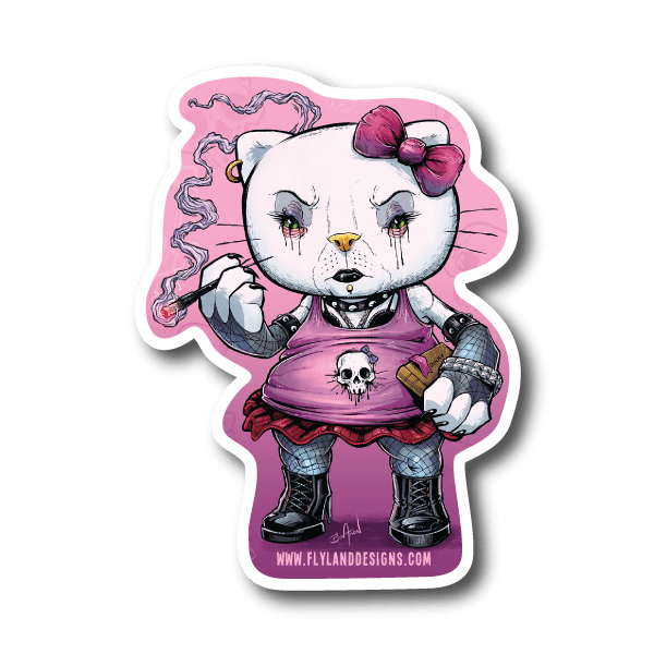 Goth kitty vinyl sticker, white cat with purple dress and skull emblem, bow headband.
