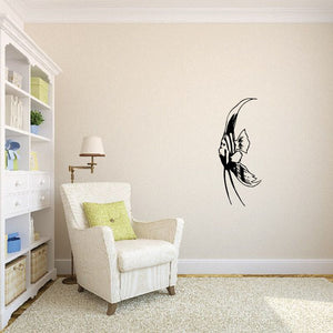 Angel fish wall decal, black line art with winged fins