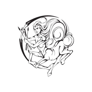 Zodiac centaur decal with line-art woman archer, flowing hair, and arrow motif