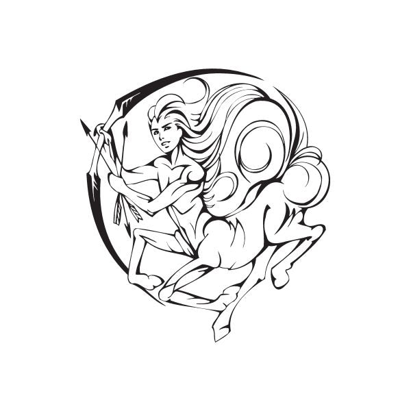 Zodiac centaur decal with line-art woman archer, flowing hair, and arrow motif