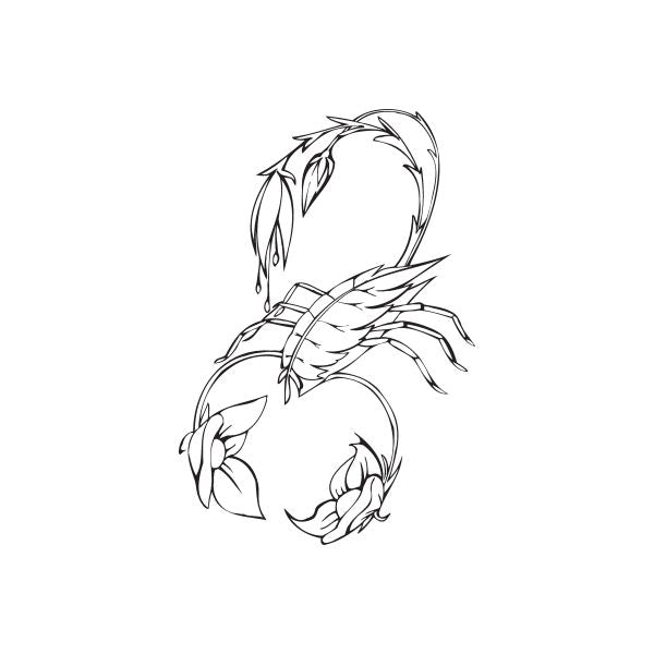 Scorpion flower decal, black line art with leafy details