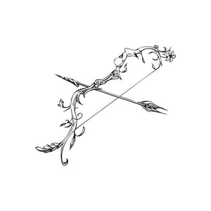 Elven bow and arrow decal with ornate vine line art, crossed bow and arrow