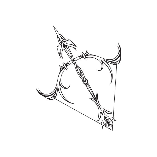 Sagittarius bow and arrow decal, black outline with ornate curved flourishes