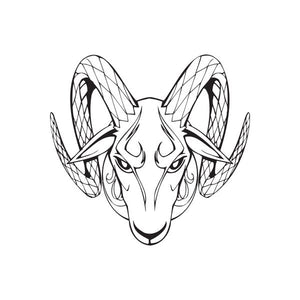 Ram head decal, black and white line art with curved horns and stylized face