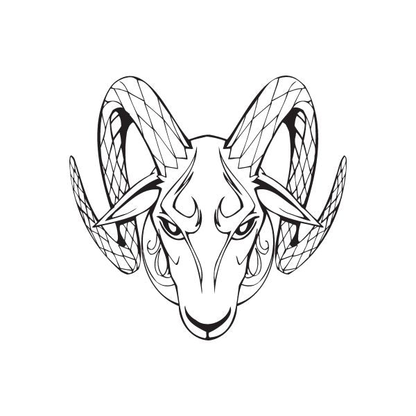 Ram head decal, black and white line art with curved horns and stylized face