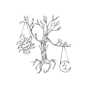 Zodiac scales wall decal with bare tree, sun face and hanging crescent charms