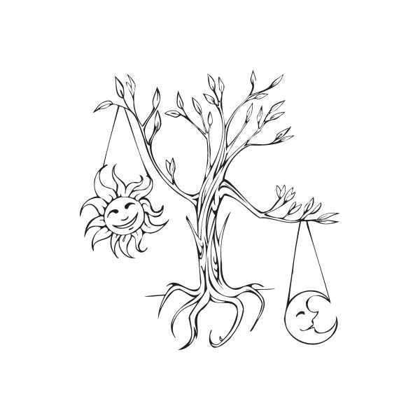 Zodiac scales wall decal with bare tree, sun face and hanging crescent charms