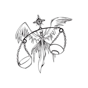 Libra angel scales decal with winged angel holding balance scale on chains, black outline