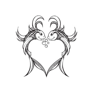 Fish heart decal with two facing fish and heart outline, black line art