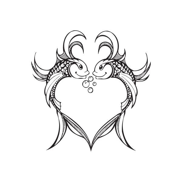 Fish heart decal with two facing fish and heart outline, black line art