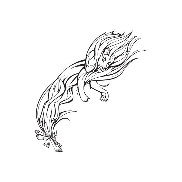 Fire lion decal, black line art with flame mane and roaring head