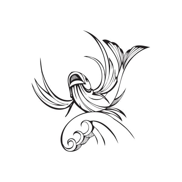 Pisces surfing fish decal, black line art with curling wave fins and surfboard