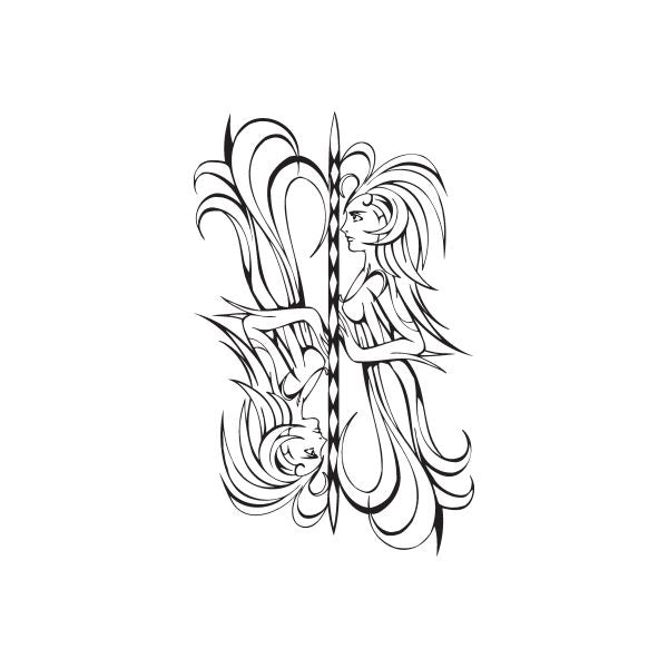 Gemini figures tattoo decal with two mirrored line-art women and swirling hair