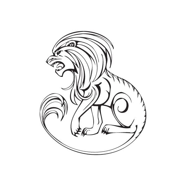 Black line-art stylized lion decal with curly mane and seated stance