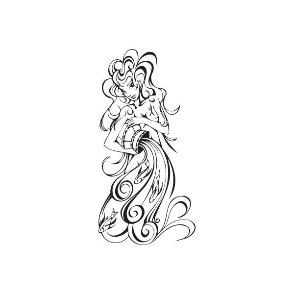 Aquarius girl decal with black line-art illustration, ornamental swirl design