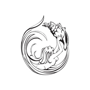 Shell decal illustration of a mermaid girl in spiral line art