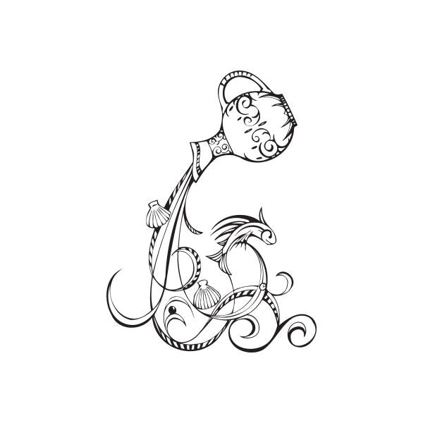 Decorative Aquarius-style water jug with whimsical zodiac figure, black line art
