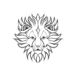 Lion head flower decal in black line art, detailed mane and facial features