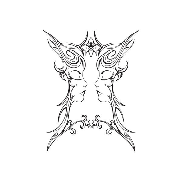 Tattoo decal featuring mirrored face profiles with ornate floral filigree, black line art.
