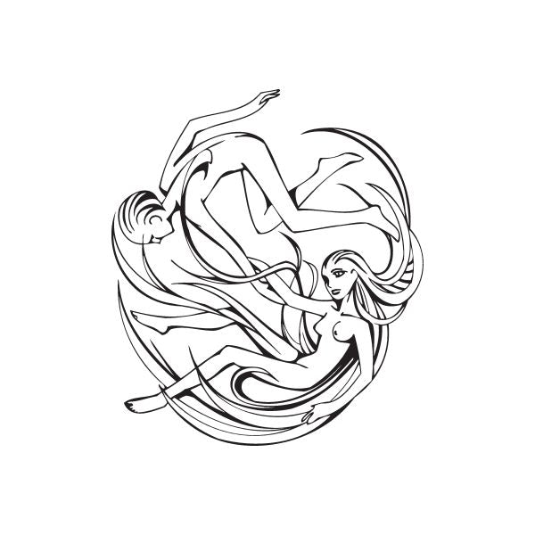 Nude figures line art decal: two women embracing with flowing hair and wavy outline