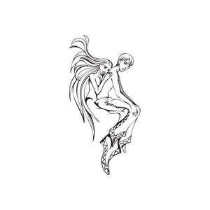 Virgo zodiac couple wall decal, black line art of two seated figures and winged hair