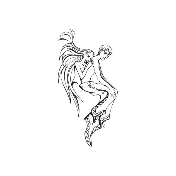 Virgo zodiac couple wall decal, black line art of two seated figures and winged hair