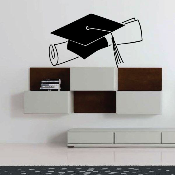 Graduation cap and diploma decal: black cap with white diploma scroll and tassel