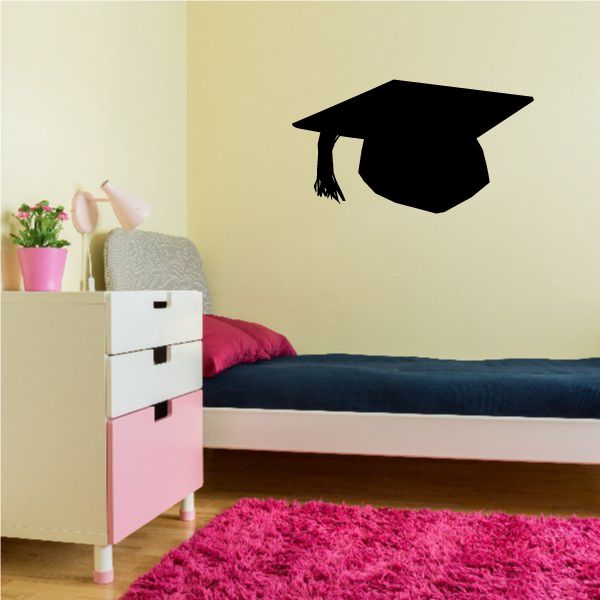 Black graduation cap wall decal with tassel and mortarboard silhouette
