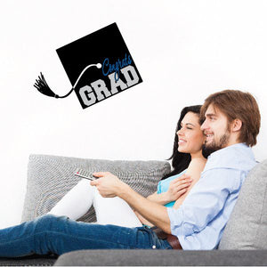 Graduation cap hat sticker with GRAD text on black cap, blue Class detail