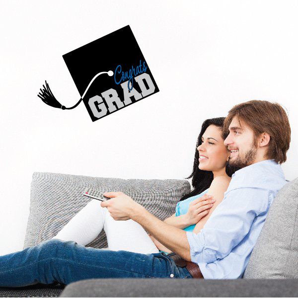 Graduation cap hat sticker with GRAD text on black cap, blue Class detail