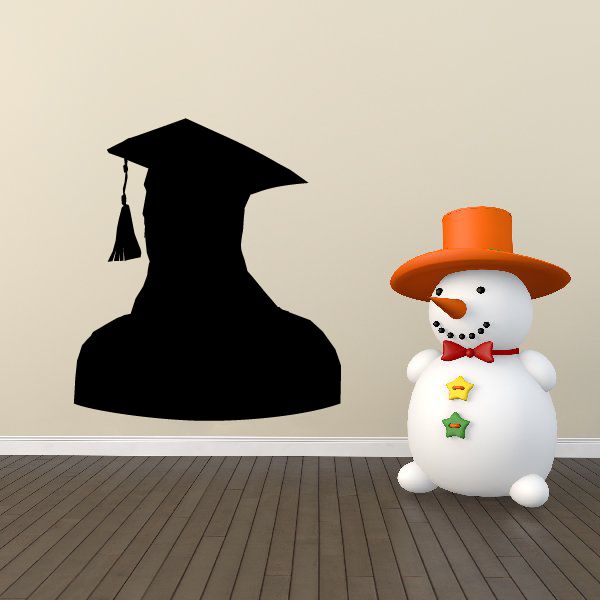 Graduation wall decal: black graduation cap silhouette with white snowman in orange hat