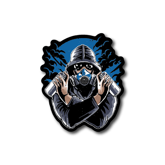 Graffiti-style vinyl sticker of an artist wearing a gray gas mask and cap, blue accents