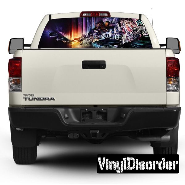 Truck rear window graphic with graffiti-style city art, view through rear glass