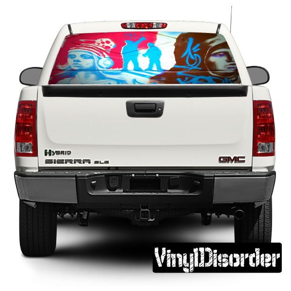 Vehicle rear window graphic decal with colorful graffiti street art
